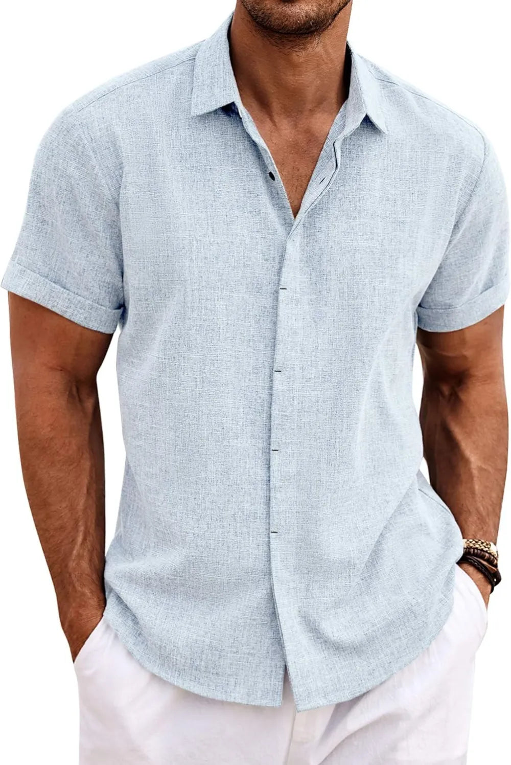 🔥Clearance Sale🔥Men's Linen Shirts Short Sleeve Casual Shirts Button Down Shirt for Men Beach Summer Wedding Shirt