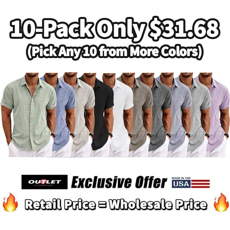 🔥Clearance Sale🔥Men's Linen Shirts Short Sleeve Casual Shirts Button Down Shirt for Men Beach Summer Wedding Shirt