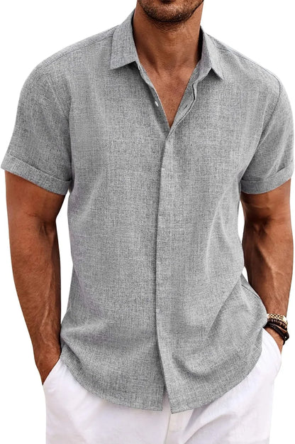 🔥Clearance Sale🔥Men's Linen Shirts Short Sleeve Casual Shirts Button Down Shirt for Men Beach Summer Wedding Shirt