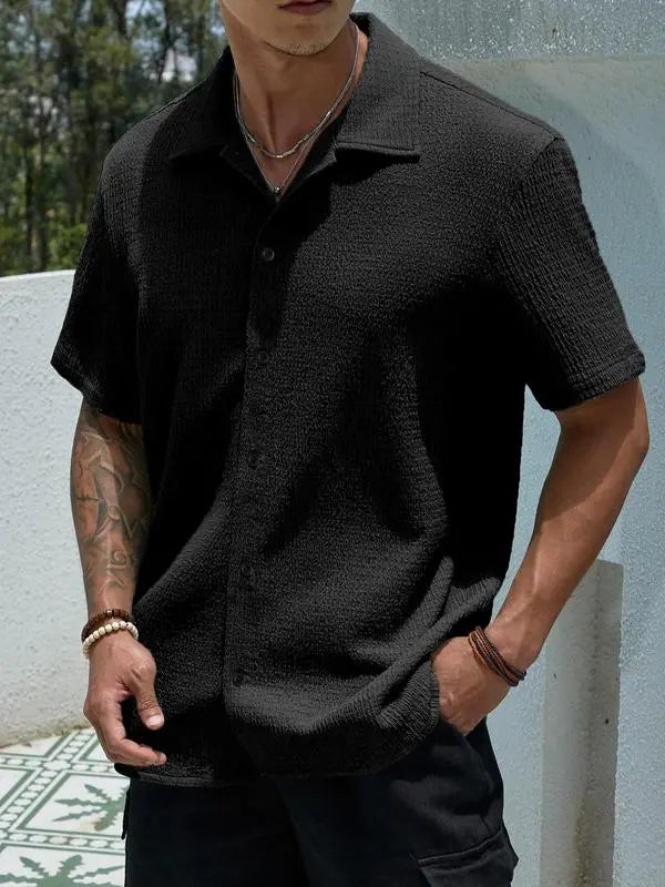 Men’s Textured Knit Button-Up Shirt – Casual Regular Fit, Summer Streetwear