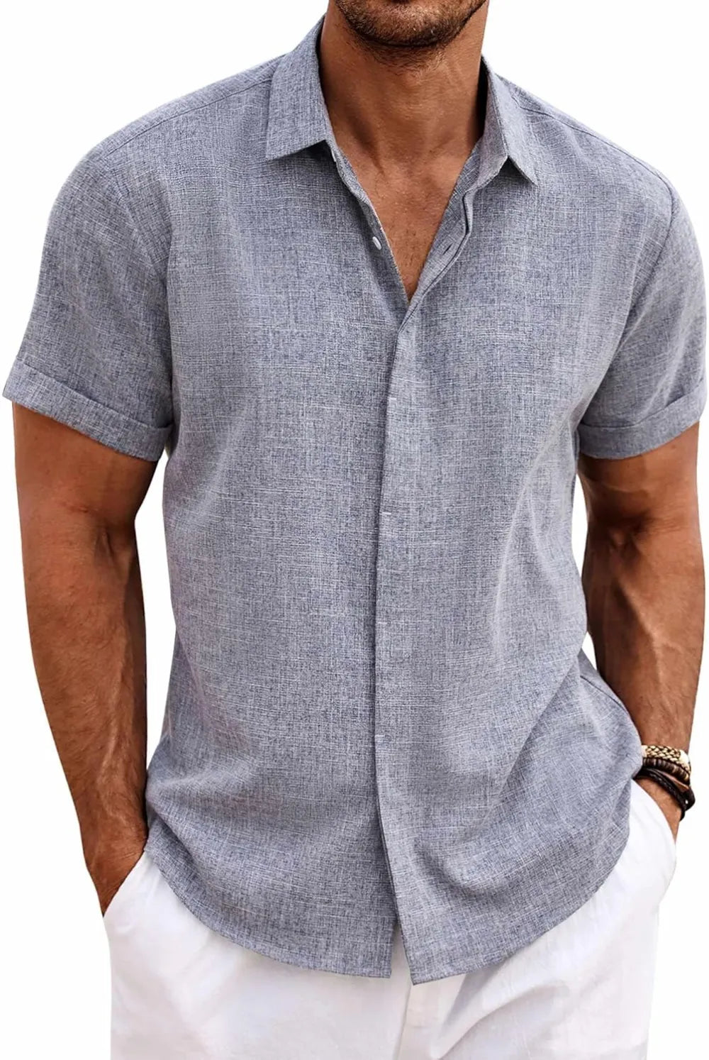 🔥Clearance Sale🔥Men's Linen Shirts Short Sleeve Casual Shirts Button Down Shirt for Men Beach Summer Wedding Shirt