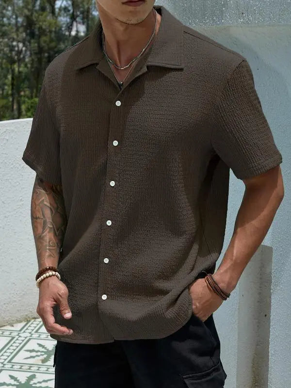 Men’s Textured Knit Button-Up Shirt – Casual Regular Fit, Summer Streetwear