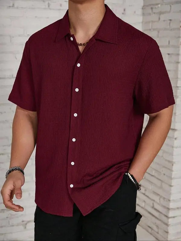 Men’s Textured Knit Button-Up Shirt – Casual Regular Fit, Summer Streetwear