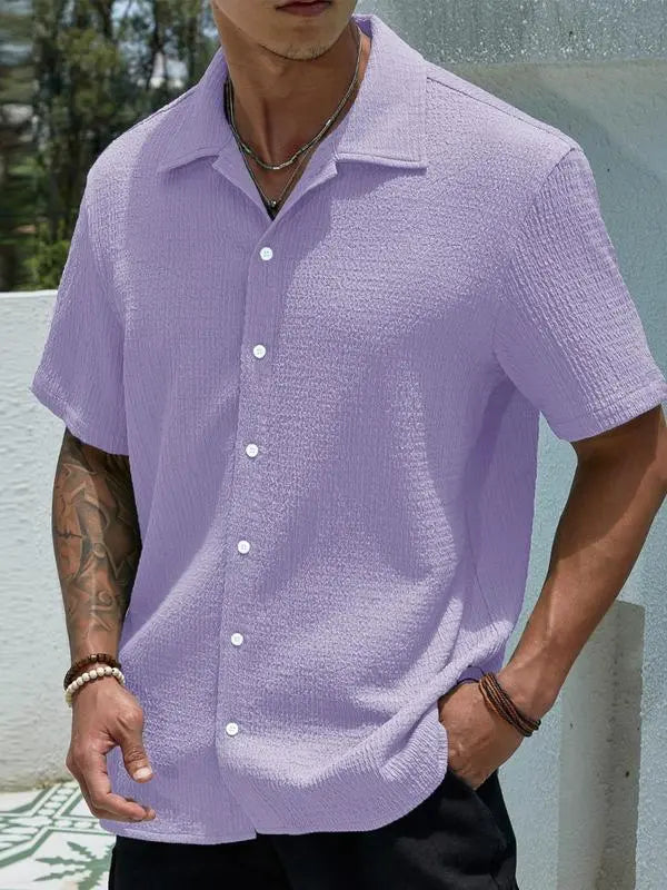 Men’s Textured Knit Button-Up Shirt – Casual Regular Fit, Summer Streetwear