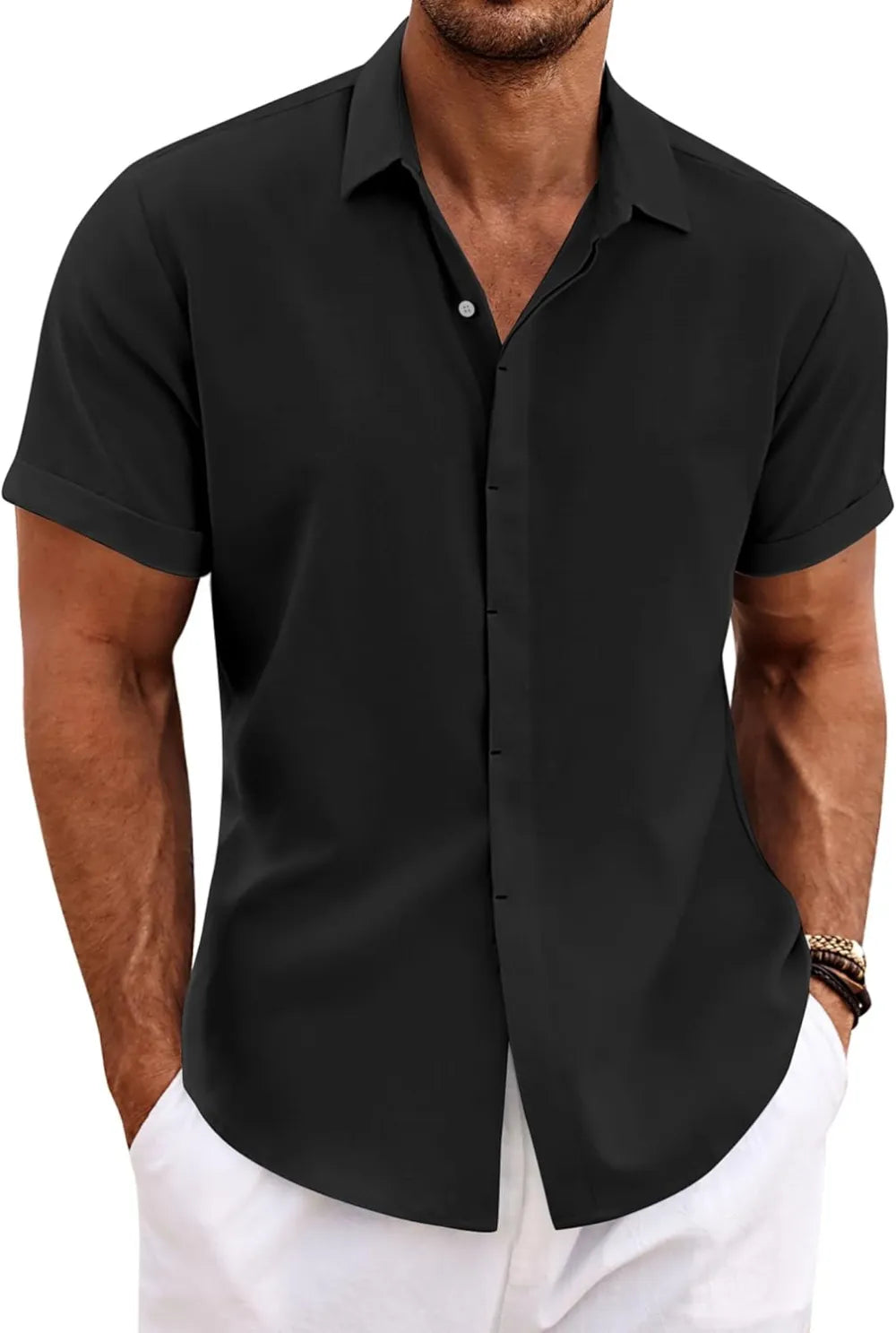 🔥Clearance Sale🔥Men's Linen Shirts Short Sleeve Casual Shirts Button Down Shirt for Men Beach Summer Wedding Shirt