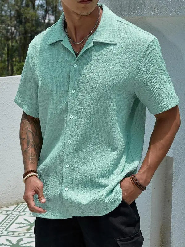Men’s Textured Knit Button-Up Shirt – Casual Regular Fit, Summer Streetwear
