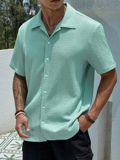 Men’s Textured Knit Button-Up Shirt – Casual Regular Fit, Summer Streetwear
