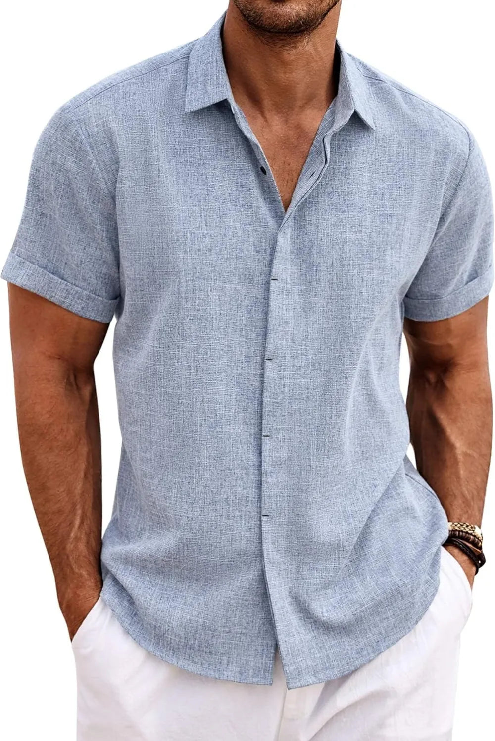 🔥Clearance Sale🔥Men's Linen Shirts Short Sleeve Casual Shirts Button Down Shirt for Men Beach Summer Wedding Shirt