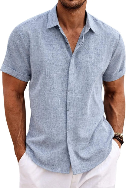 🔥Clearance Sale🔥Men's Linen Shirts Short Sleeve Casual Shirts Button Down Shirt for Men Beach Summer Wedding Shirt