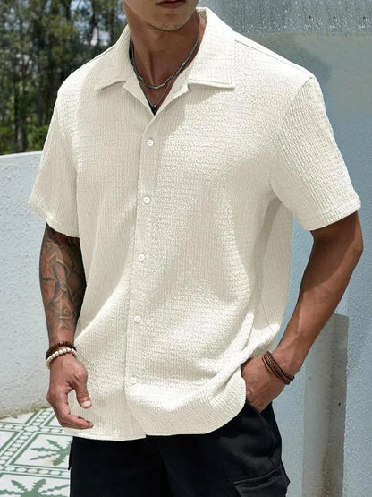 Men’s Textured Knit Button-Up Shirt – Casual Regular Fit, Summer Streetwear