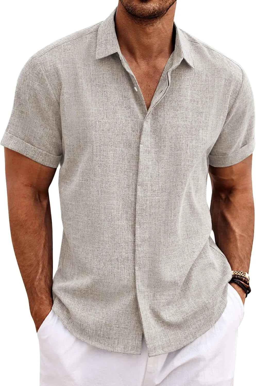 🔥Clearance Sale🔥Men's Linen Shirts Short Sleeve Casual Shirts Button Down Shirt for Men Beach Summer Wedding Shirt