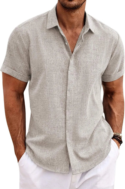 🔥Clearance Sale🔥Men's Linen Shirts Short Sleeve Casual Shirts Button Down Shirt for Men Beach Summer Wedding Shirt