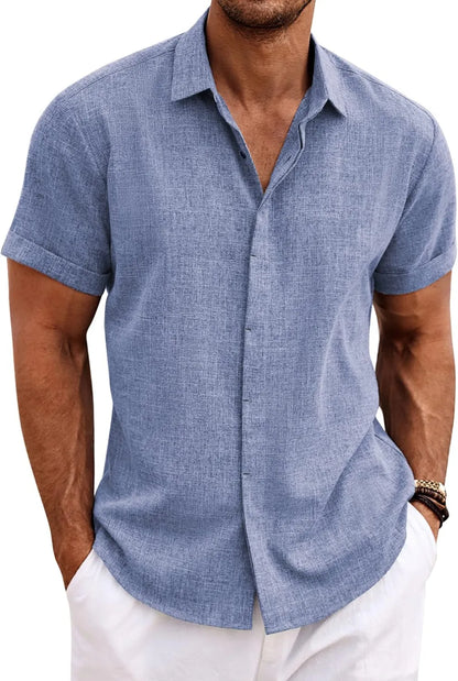 🔥Clearance Sale🔥Men's Linen Shirts Short Sleeve Casual Shirts Button Down Shirt for Men Beach Summer Wedding Shirt