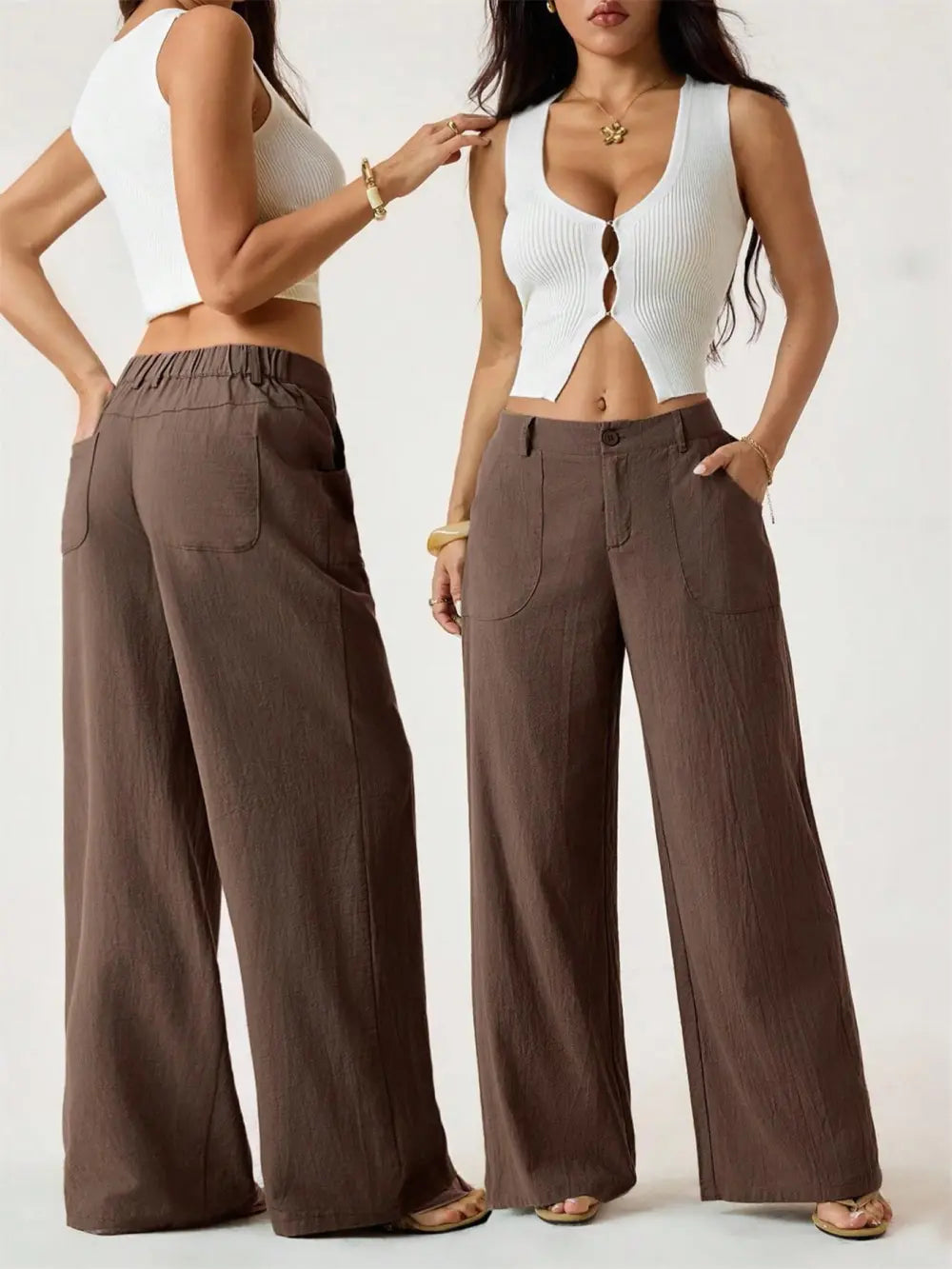High Waist Wide Leg Beach Trousers With Pocket