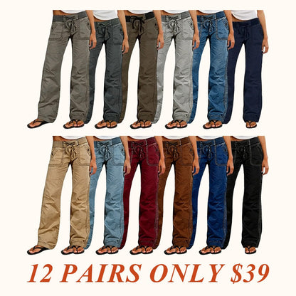 Solid Seam Detail Drawstring Mid Rise Straight Leg Pants High Stretch Fabric Women's Wear Minimalist Fit Basic Style Multiple Colors